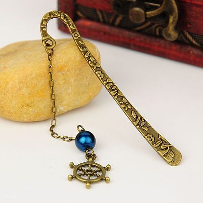 Tibetan Style Bookmarks/Hairpins, with Glass Pearl Beads, Iron Chains and Helm Pendants, 80mm