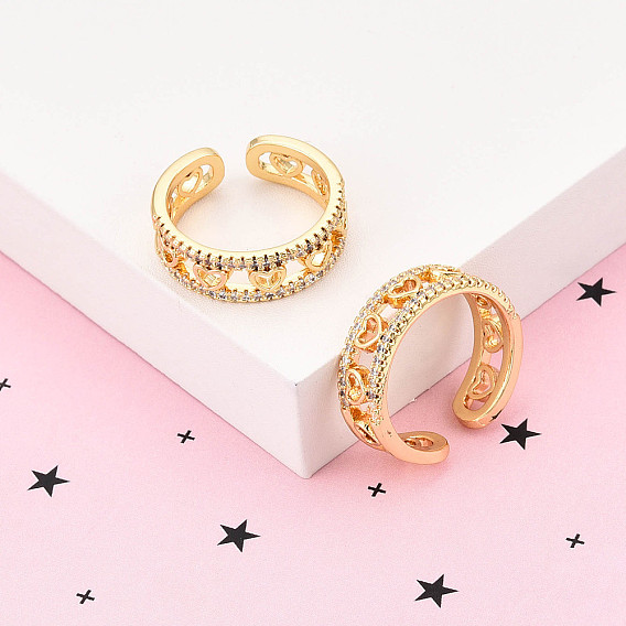 Латунные кольца-манжеты с микропаве и прозрачным цирконием для женщин, без кадмия и без свинца, сердце