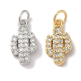 Rack Plating Brass & Cubic Zirconia Pendants, Cadmium Free & Lead Free, Long-Lasting Plated, Cactus, with Jump Ring