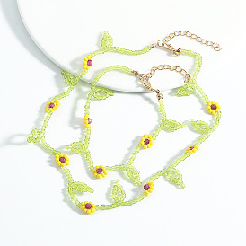 Conjunto de pulsera y collar de flores con cuentas bohemio hecho a mano con cadena de clavícula con candado