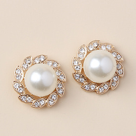 Chic Pearl Stud Earrings with Sparkling Rhinestones for Women's Office Look