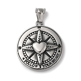 304 Stainless Steel Pendants, Viking Compass with Heart & Word Follow Your Heart