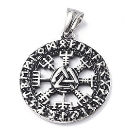 304 Stainless Steel Pendants, Flat Round with Viking Compass Rune