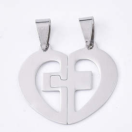 201 Stainless Steel Split Pendants, for Lovers, Heart with Cross