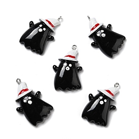 Halloween Opaque Resin Pendants, with Platinum Tone Iron Loops, Ghost with Hat