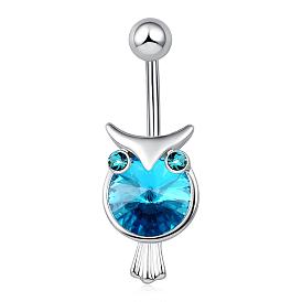 Piercing Jewelry Real Platinum Plated Brass Cubic Zirconia Owl Navel Ring Navel Ring Belly Rings, with 304 Stainless Steel Bar, 32x12mm