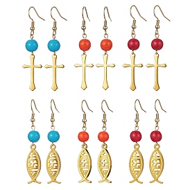 6 Pair 6 Style Brass Cross & Alloy Jesus Fish Dangle Earrings, Synthetic Turquoise Round Beaded Long Drop Earrings with 304 Stainless Steel Earring Pins