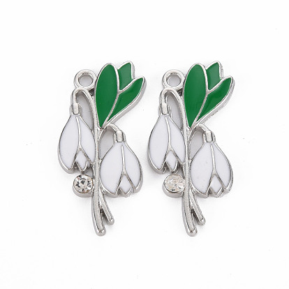 Alloy Pendants, with Enamel and Rhinestone, Platinum, Flower