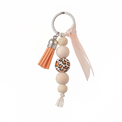 Cube & Round & Octagon Wooden Beaded Pendant Keychain, with Faux Suede Tassel and Ribbon, 304 Stainless Steel Key Ring