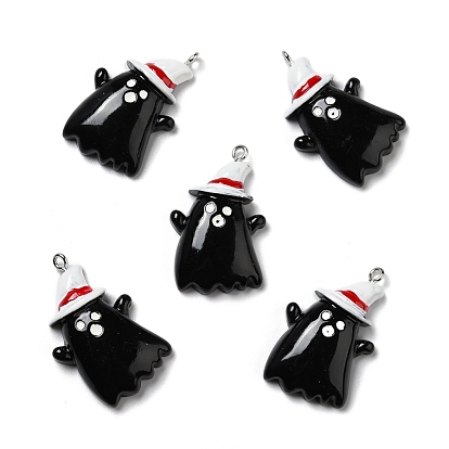 Halloween Opaque Resin Pendants, with Platinum Tone Iron Loops, Ghost with Hat
