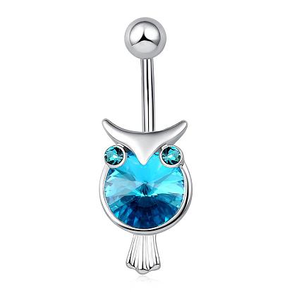 Piercing Jewelry Real Platinum Plated Brass Cubic Zirconia Owl Navel Ring Navel Ring Belly Rings, with 304 Stainless Steel Bar, 32x12mm