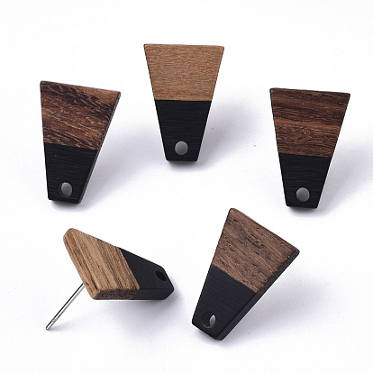 Resin & Walnut Wood Stud Earring Findings, with 304 Stainless Steel Pin, Trapezoid