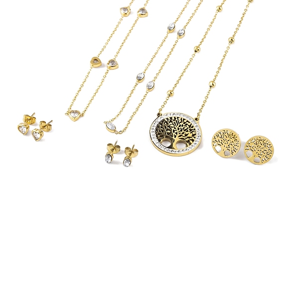 Комплекты серег-гвоздиков и ожерелья с подвесками в форме сердца/овала/древа жизни с фианитами, 304 комплекты украшений из нержавеющей стали для женщин, золотые