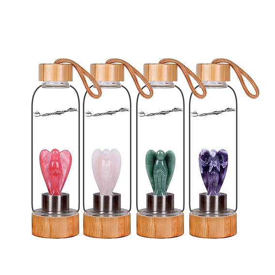 Glass Water Bottle with Wood Lids, with Angel Natural Mixed Gemstone Inside Display Decorations, Figurine Home Decoration