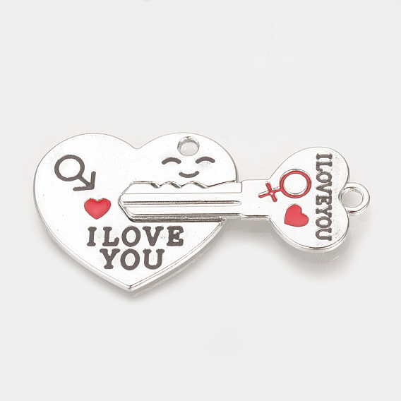 Alloy Split Pendants, Cadmium Free & Lead Free, with Enamel, Heart with Key