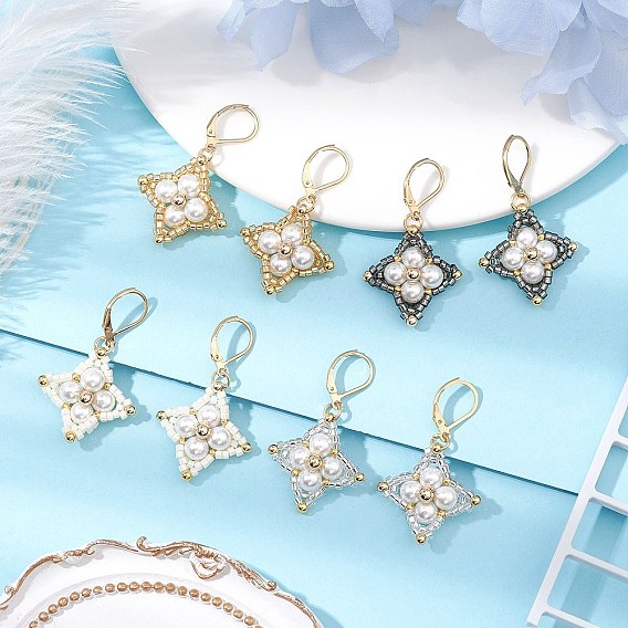 Стеклянные бусины ромбовидные серьги-русалки, с ракушечным жемчугом и 304 фурнитурой для сережек-русалок из нержавеющей стали