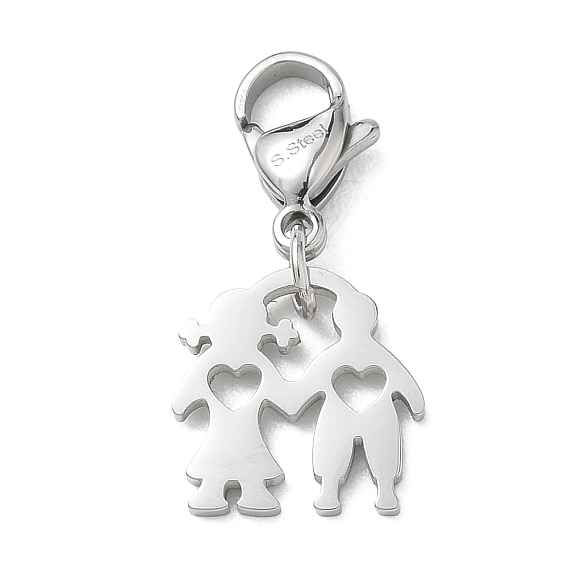 304 Stainless Steel Boy Girl Heart Cutout Pendant Decorations, with Lobster Clasp