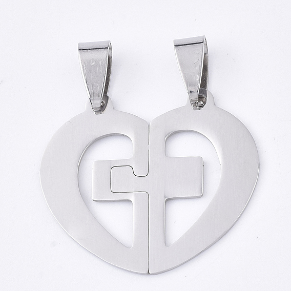 201 Stainless Steel Split Pendants, for Lovers, Heart with Cross