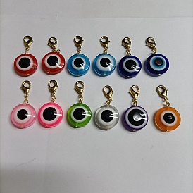 Decoración colgante de resina, broches de langosta de aleación encanto, colgante con clip, para llavero, bolso, adorno de mochila, plano y redondo con mal de ojo