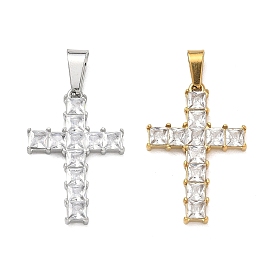 Easter 304 Stainless Steel Micro Pave Clear Cubic Zirconia Pendants, Cross Charms, with 201 Stainless Steel Bails