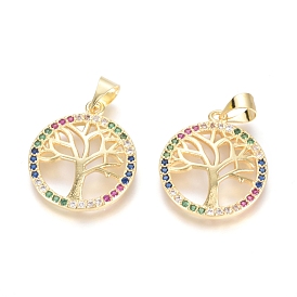 Brass Micro Pave Cubic Zirconia Pendants,  Long-Lasting Plated, Flat Round with Tree of Life