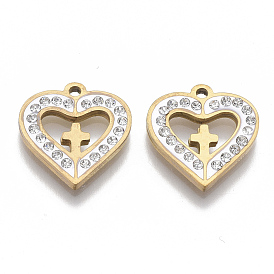 201 подвески из нержавеющей стали, подвески с крестиками в форме сердца, с полимерной глиной кристалла горного хрусталем, сердце с крестом