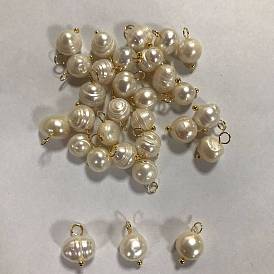 Natural Cultured Freshwater Pearl Pendants, Potato Charms with Golden Plated 304 Stainless Steel Loops