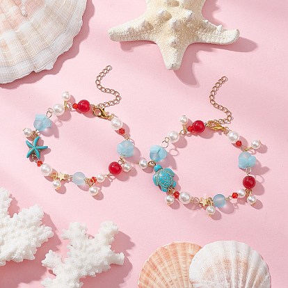 Браслеты с подвесками из окрашенных синтетических бирюзовых бусин, черепаха и морская звезда, со стеклянными бусинами и круглыми бусинами из АБС-пластика, имитирующими жемчуг