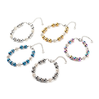 Synthetic Hematite Round Beaded Bracelet with Crystal Rhinestone, Gemstone Jewelry for Women