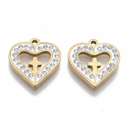 201 подвески из нержавеющей стали, подвески с крестиками в форме сердца, с полимерной глиной кристалла горного хрусталем, сердце с крестом