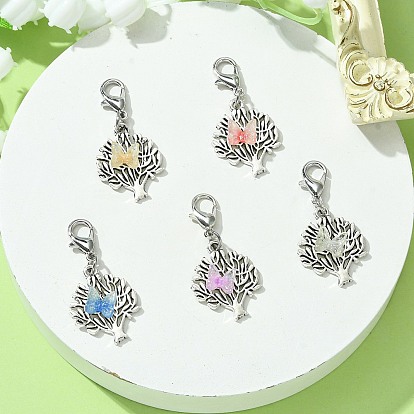 Tree of Life Tibetan Style Alloy Pendants Decoration, with Resin Butterfly and Zinc Alloy Lobster Claw Clasps