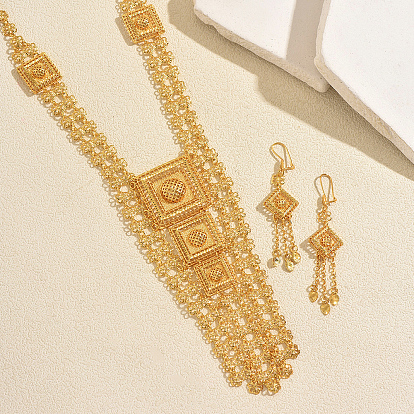 Dubai Vintage Alloy Square Rhombus Hollow Long Tassels Necklace & Earring Sets for Women