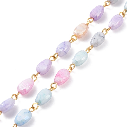 Crackle Glass Beaded Chains, with Brass Findings, Unwelded, Dyed & Heated, Oval