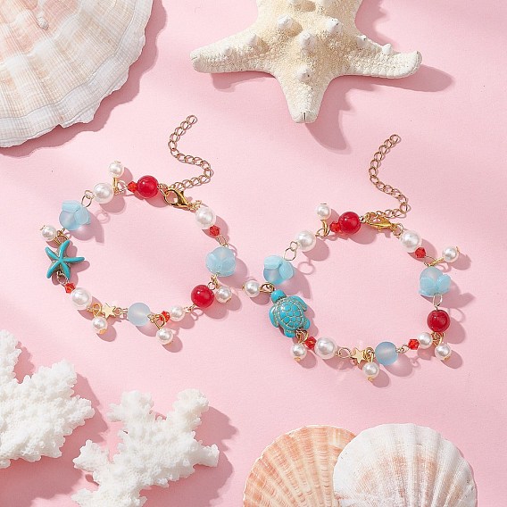 Браслеты с подвесками из окрашенных синтетических бирюзовых бусин, черепаха и морская звезда, со стеклянными бусинами и круглыми бусинами из АБС-пластика, имитирующими жемчуг