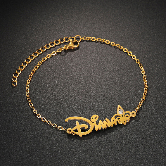 304 Браслеты из нержавеющей стали с микропаве из кубического циркония, браслеты-цепочки для женщин, слово диана и бабочка