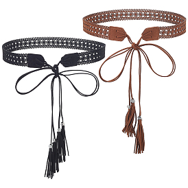2Pcs 2 Colors Bohemian Imitation Leather Tassel Wrap Chain Belts, with Alloy Flower Beads, Platinum