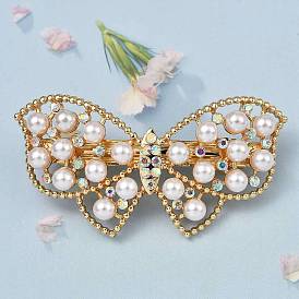 Tibetan Style Alloy Rhinestone Hair Barrettes, with Plastic Imitation Pearl Beads, Butterfly