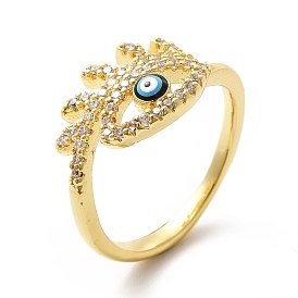 Enamel Evil Eye with Cubic Zirconia Open Cuff Ring, Brass Jewelry for Women