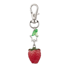 Resin Strawberry Pendant Decoration with Acrylic Leaf Charms, with Alloy Swivel Lobster Claw Clasps