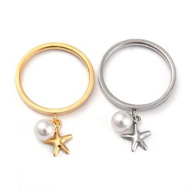 Dual-use Items, 304 Stainless Steel Finger Rings or Pendants, with Plastic Round Beads, Star, White