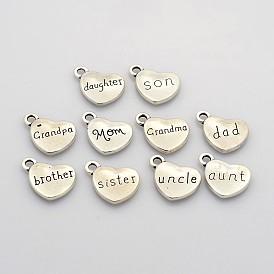 Family Theme Tibetan Style Alloy Charms, Heart with Words, Lead Free, 13x18x3mm, Hole: 2mm, 10pcs/set