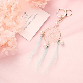 Imitation Pearl Woven Net/Web with Feather Hanging Ornaments, Alloy Clasps for Bag Decoration