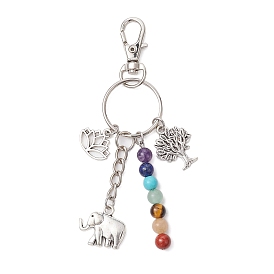 Chakra Natural & Synthetic Gemstone Chips Pendant Decorations, Alloy Elephant & Tree of Life & Lotus and Swivel Clasp Charms for Bag Ornaments