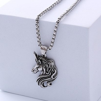 Винтажный панк-стиль 304 ожерелья с подвеской в виде головы единорога из нержавеющей стали для унисекс