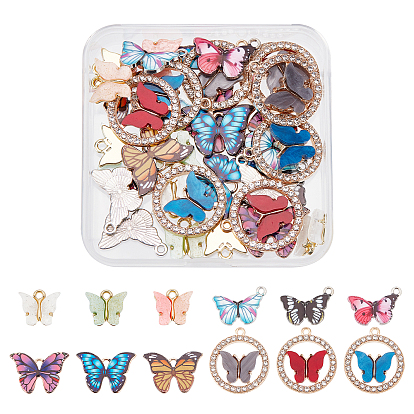 48Pcs 12 Color Alloy Butterfly Pendants, with Rhinestone, Glitter Powder and Printed Enamel