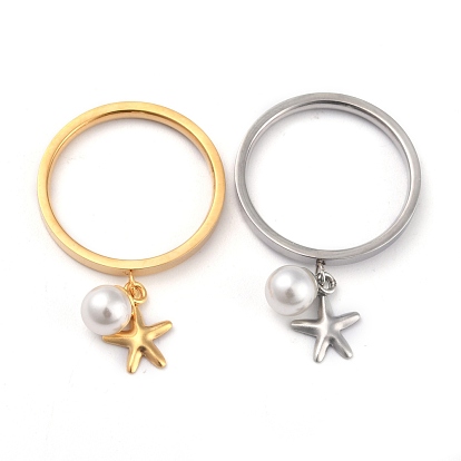 Dual-use Items, 304 Stainless Steel Finger Rings or Pendants, with Plastic Round Beads, Star, White