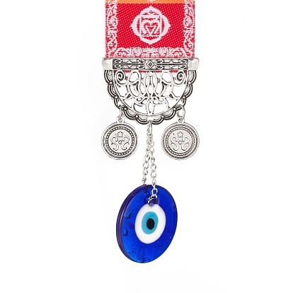 Handmade Lampwork Evil Eye Pendant Decorations, 7 Chakra Cloth Hanging Ornament, with Alloy Finding, for Meditation, Yoga, Home Decor