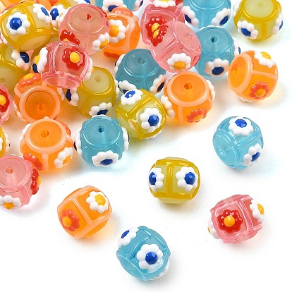 Ручной работы ухабистым Шарики Lampwork, с эмалью, круглая с цветком, ручная роспись