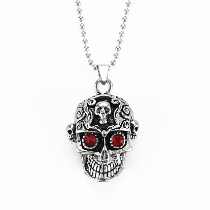 Alloy Rhinestones Pendant Necklaces, with Iron Ball Chains, Skull, Antique Silver