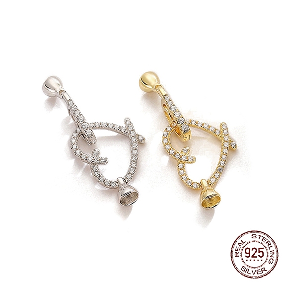 925 Складчатые застежки из стерлингового серебра с микропаве из прозрачного кубического циркония, сердце